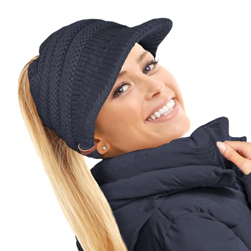 TOSKATOK Damen Slouchy Peaked Pferdeschwanz Unordentlicher Dutt Beanie Mütze Kappe, Navy, Einheitsgröße von TOSKATOK