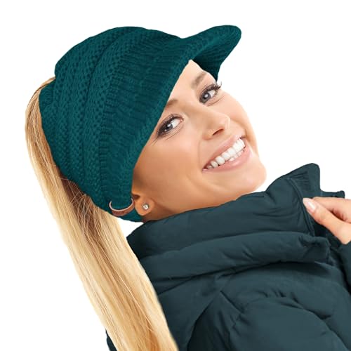 TOSKATOK Damen Slouchy Peaked Pferdeschwanz Unordentlicher Dutt Beanie Mütze Kappe, blaugrün, Einheitsgröße von TOSKATOK