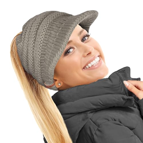 TOSKATOK Damen Slouchy Peaked Pferdeschwanz Unordentlicher Dutt Beanie Mütze Kappe, grau, Einheitsgröße von TOSKATOK