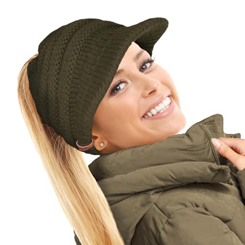 TOSKATOK Damen Slouchy Peaked Pferdeschwanz Unordentlicher Dutt Beanie Mütze Kappe, olivgrün, Einheitsgröße von TOSKATOK