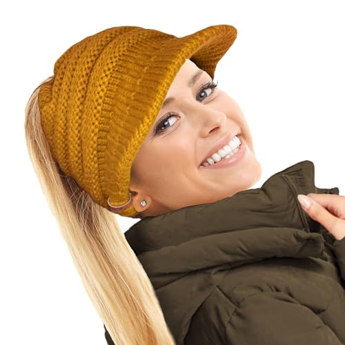 TOSKATOK Damen Slouchy Peaked Pferdeschwanz Unordentlicher Dutt Beanie Mütze Kappe, senffarben, Einheitsgröße von TOSKATOK