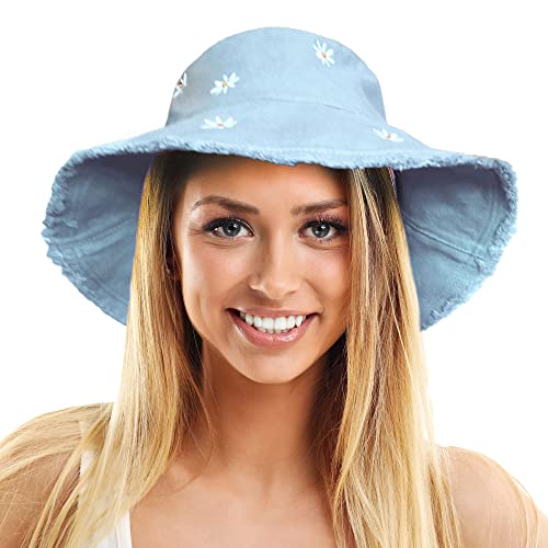 TOSKATOK Damen-Sonnenhut mit LSF 50+ Weich gewaschener Baumwolle mit gestickten G�nsebl�mchenmotiven, formbarer Krempe und ausgefransten R�ndern von TOSKATOK