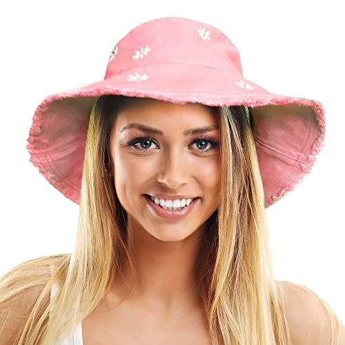 TOSKATOK Damen-Sonnenhut mit LSF 50+ Weich gewaschener Baumwolle mit gestickten G�nsebl�mchenmotiven, formbarer Krempe und ausgefransten R�ndern von TOSKATOK
