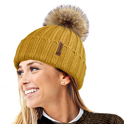 TOSKATOK® Womens Winter-Rib Strickmütze/Beanie mit abnehmbaren Chunky Faux Fur Bobble Pom Pom-Mustard von TOSKATOK