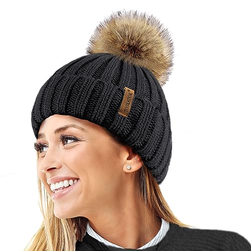 TOSKATOK® Womens Winter-Rib Strickmütze/Beanie mit abnehmbaren Chunky Faux Fur Bobble Pom Pom-Black von TOSKATOK