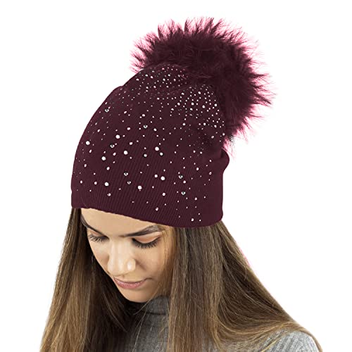 TOSKATOK Ladies Fine Knit Winter Beanie Hat with Diamante Glitter Applique and Large Faux Fur Pompom-1 von TOSKATOK