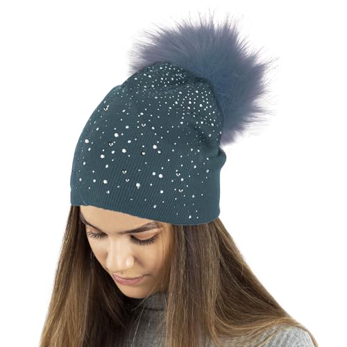 TOSKATOK Ladies Fine Knit Winter Beanie Hat with Diamante Glitter Applique and Large Faux Fur Pompom-1 von TOSKATOK