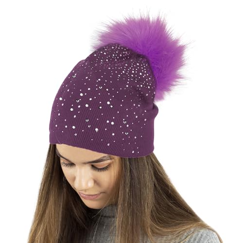 TOSKATOK Ladies Fine Knit Winter Beanie Hat with Diamante Glitter Applique and Large Faux Fur Pompom-2 von TOSKATOK