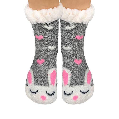 TOSKATOK Ladies Girls Warm Winter Fluffy Fun Super Soft Animal Fleece Lined anti slip gripper Bed Slipper Socks-RABBIT von TOSKATOK