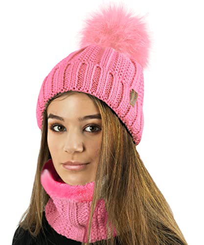 TOSKATOK Ladies Womens Winter Rib Seed Stitch Beanie Bobble Hat with Warm Cosy Fleece Liner & Large Faux Fur Pom Pom-Rose Set von TOSKATOK
