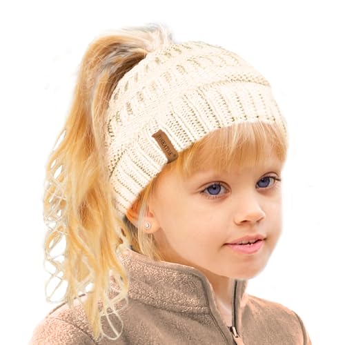 TOSKATOK Thermo-Mütze für Mädchen, mit Teddy-Fleece gefüttert, Pferdeschwanz-Mütze, cremefarben, Einheitsgröße von TOSKATOK
