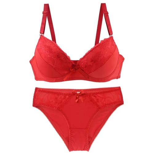 Plus Size BH Tangas Set Frauen Unterwäsche Sexy Push Up BCDE Cup Lace Bow Bras Brief Dessous Sets Zweiteilig (Color : Red, Size : 80/36C) von TOSOFT