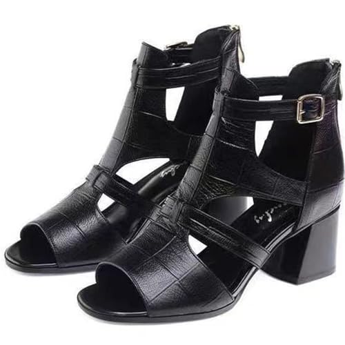 TOSOFT Damen Stilvolle Sandalen Mit Absatz Offene Zehenpartie Klobiger Absatz Hohe Schnalle Knöchelsandalen Stiefel Sommer Römische Pumps(Black,36) von TOSOFT