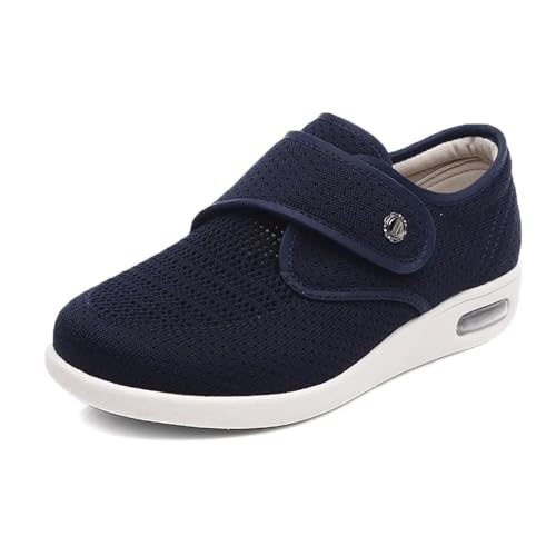 TOSOFT Diabetiker-Wanderschuhe for Ältere Damen Groß Übergröße Verstellbar Breite Füße Geschwollene Orthopädische Flache Turnschuhe (Color : Navy, Size : 37) von TOSOFT