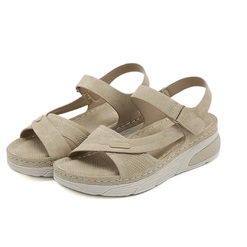 TOSOFT Komfort-Sandalen For Damen Weiche Dicke Sohle Offener Zehenbereich Keilabsatz Yoga-Wanderschuhe Sandalen Sommerschuhe Verstellbarer Verschluss (Color : Apricot, Size : 38) von TOSOFT