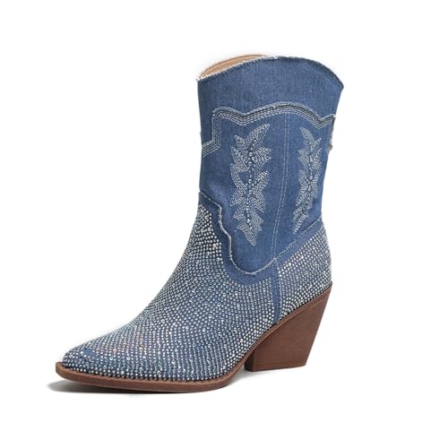 TOSOFT Mode Strass Frauen Denim Ankle Bootie Spitze Zehen Mittlere Waden Blockabsatz Knöchel Cowboystiefel For Party Kleid Schuhe (Color : Blue, Size : 41) von TOSOFT