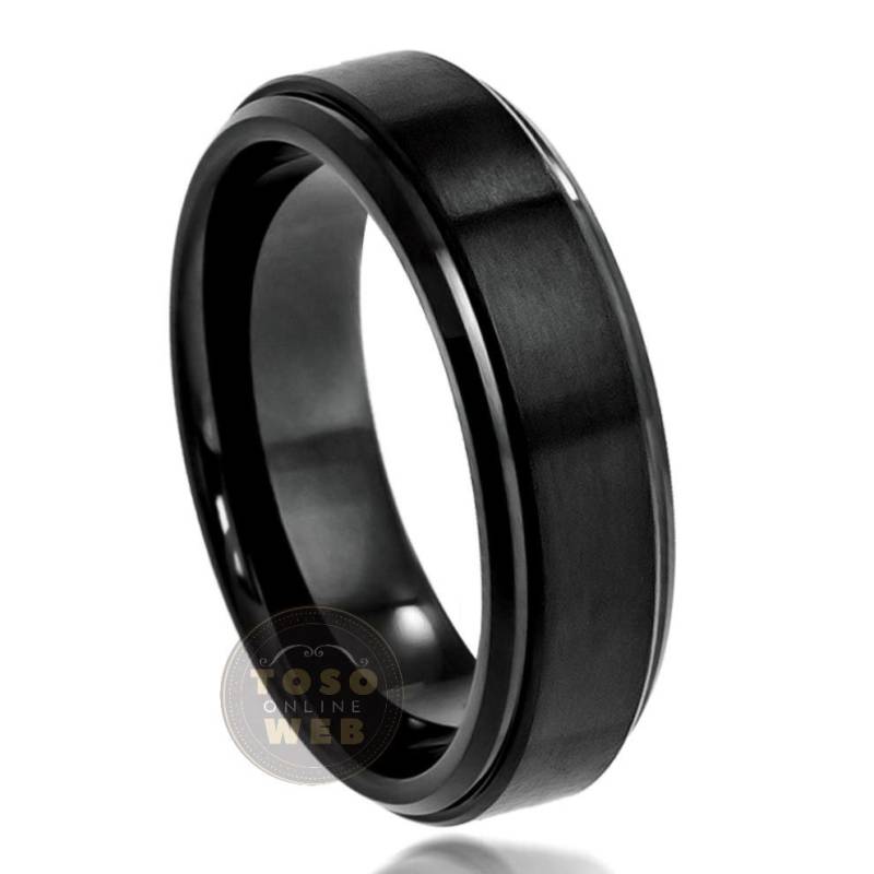 Damen 6mm Wolfram Ehering, Schwarz Ion Plated Brushed Center Stepped Edge, Comfort Fit Hartmetall-Jubiläumsring Ts0852 von TOSOWEB