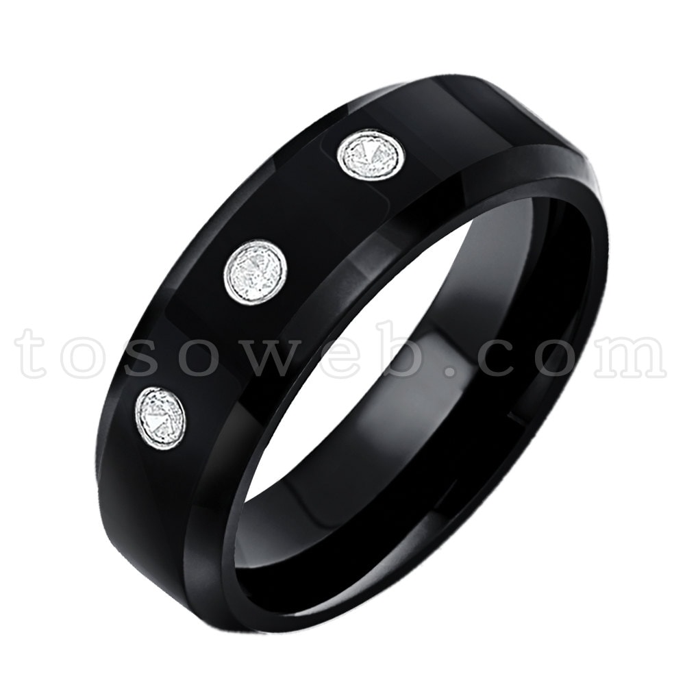 Damen April Birthstone Ring, Weißer Diamant Ehering, 6mm Hochglanz Schwarz Ip Abgeschrägte Kante, Hartmetall Ring Ts0862 von TOSOWEB