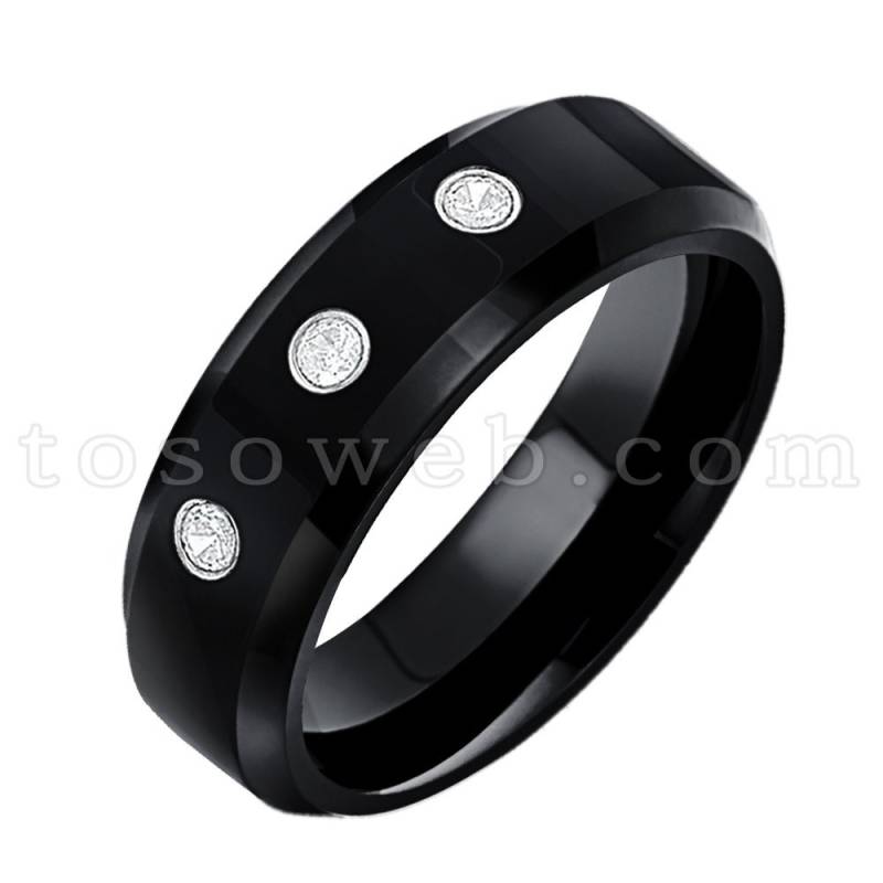 Damen April Birthstone Ring, Weißer Diamant Ehering, 6mm Hochglanz Schwarz Ip Abgeschrägte Kante, Hartmetall Ring Ts0862 von TOSOWEB