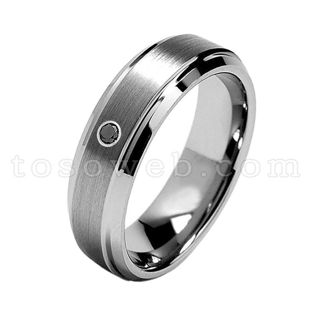 Damen Black Diamond Solitär Ehering, 7mm Gebürstete Mitte Abgeschrägte Kante, Hartmetall Jahrestagsring Ts0682 von TOSOWEB