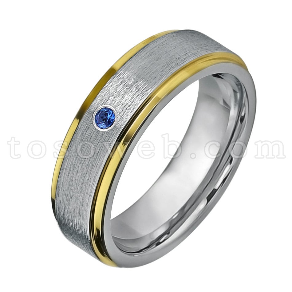 Damen Blauer Saphir Solitär Ehering, September Birthstone, 2-Farbig Gebürstet Mittig Abgesetzter Rand, Hartmetallring Ts3302 von TOSOWEB
