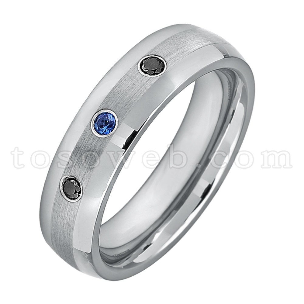 Damen Blauer Saphir & Schwarzer Diamant Ehering, 6mm Gebürstete Mitte Rohrschnittkante, Wolframkarbidring Ts0062 von TOSOWEB