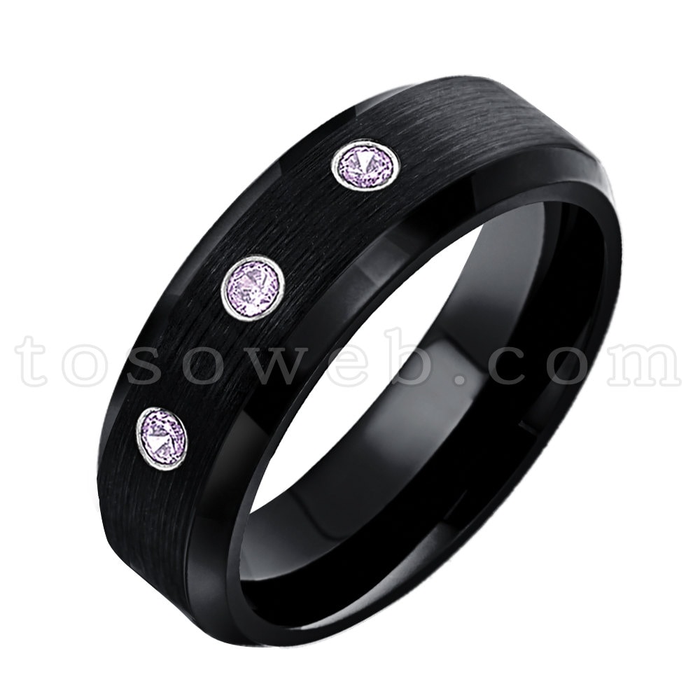 Damen Februar Geburtsstein Ring, Amethyst Ehering, 6mm Schwarz Ion Plated Brushed Center, Hartmetall Ring Ts1682 von TOSOWEB