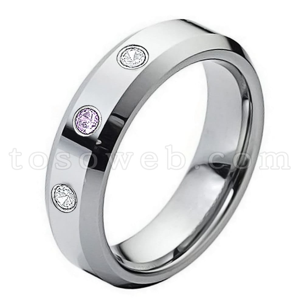 Damen Februar Geburtsstein Ring, Amethyst & Diamant Ehering, 6mm Hochglanzpoliert Abgeschrägte Kante, Hartmetall Ring Ts0482 von TOSOWEB