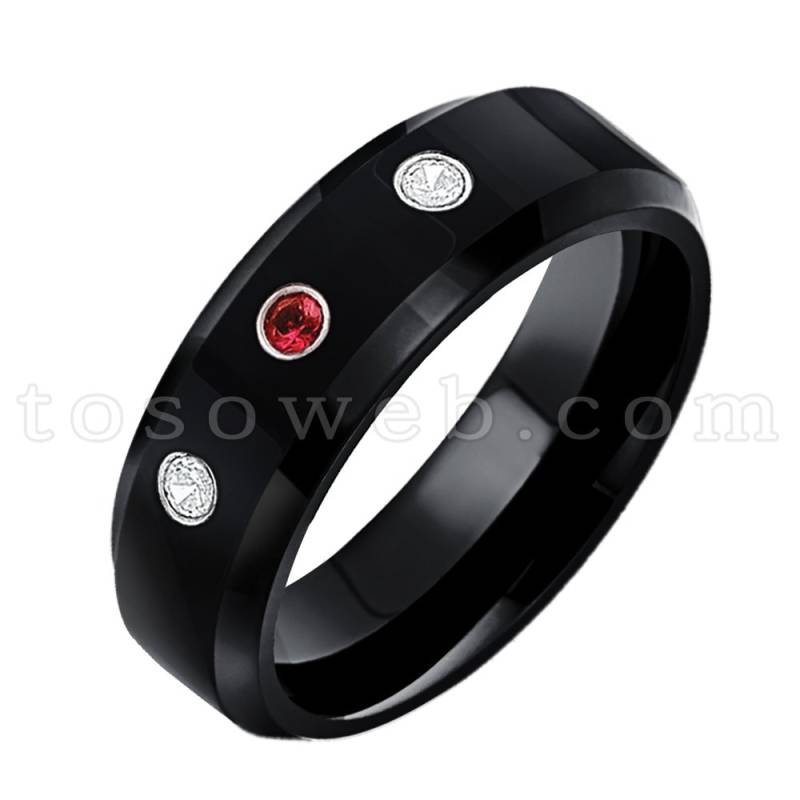 Damen Januar Birthstone Ring, Granat & Diamant Ehering, 6mm Polish Black Ip Abgeschrägte Kante, Wolfram Carbide Ring Ts0862 von TOSOWEB