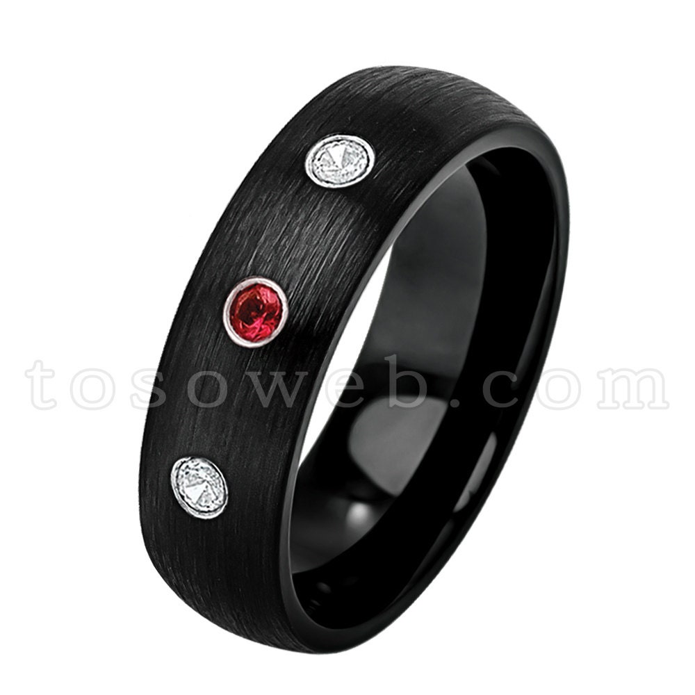 Damen Januar Birthstone Ring, Granat & Diamant Ehering, 6mm Schwarz Ip Gebürsteter Hartmetallring Ts2332 von TOSOWEB