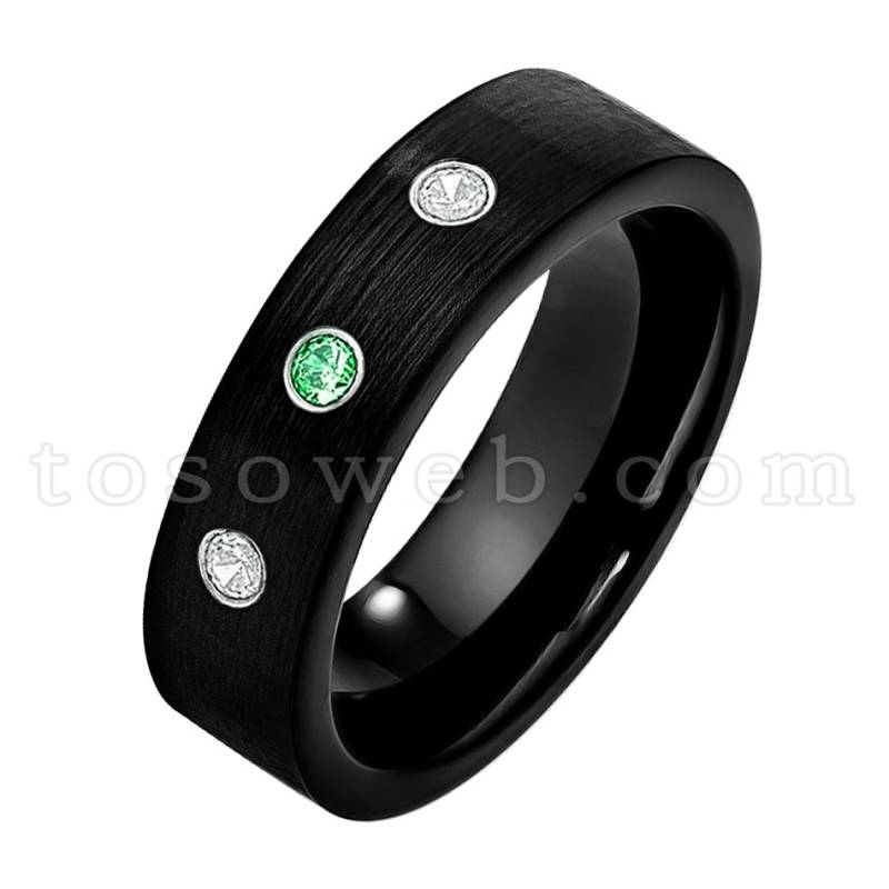 Damen-Januar Geburtsstein, Tsavorit & Diamant Ehering, 7mm Gebürstet Schwarz, Hartmetall Ring Ts2322 von TOSOWEB