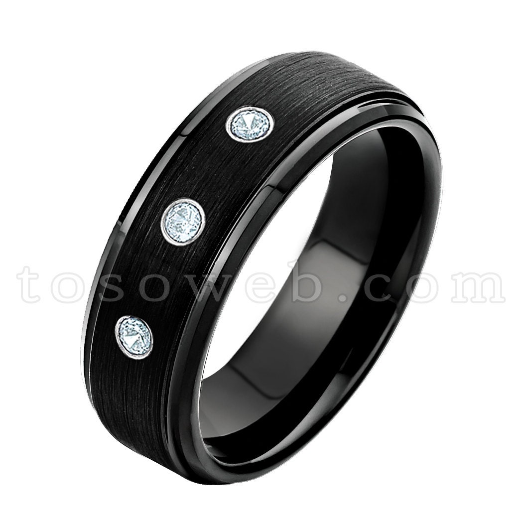 Damen März Birthstone Ring, Aquamarin Ehering, 6mm Gebürstet Schwarz Ip Abgestufter Rand, Hartmetall Ring Ts0852 von TOSOWEB