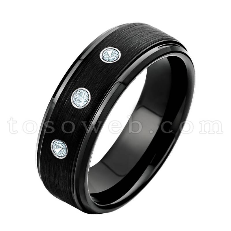 Damen März Birthstone Ring, Aquamarin Ehering, 6mm Gebürstet Schwarz Ip Abgestufter Rand, Hartmetall Ring Ts0852 von TOSOWEB