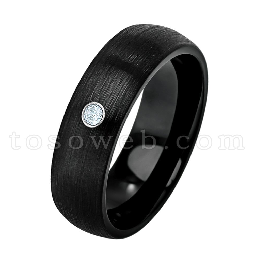 Damen März Birthstone Ring, Aquamarin Solitär Ehering, 6mm Schwarz Ion Plated Brushed Finish Hartmetall Ring Ts2332 von TOSOWEB