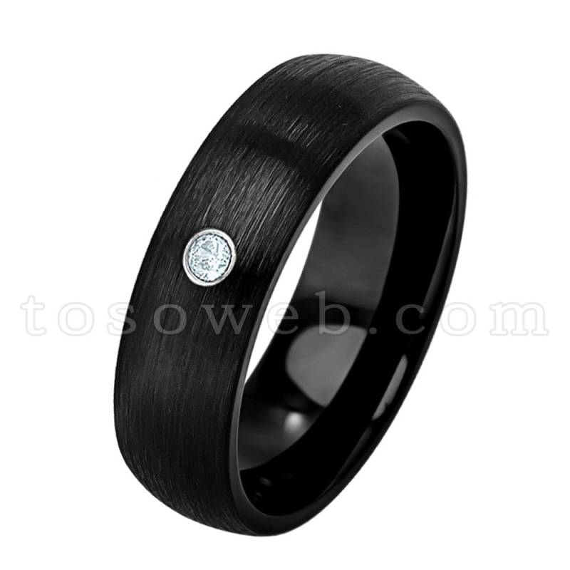 Damen März Birthstone Ring, Aquamarin Solitär Ehering, 6mm Schwarz Ion Plated Brushed Finish Hartmetall Ring Ts2332 von TOSOWEB