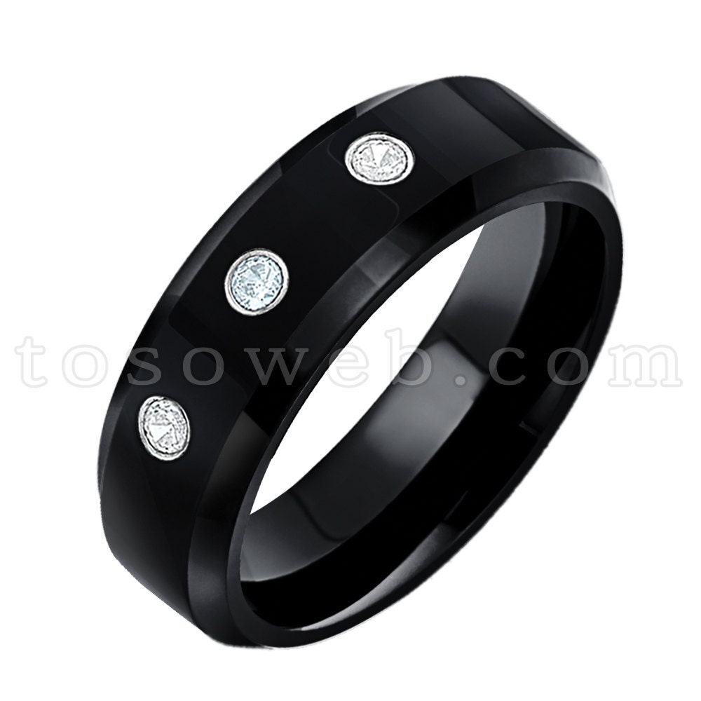 Damen März Birthstone Ring, Aquamarin & Diamant Ehering, Poliert Schwarz Ip Abgeschrägte Kante, Hartmetallring Ts0862 von TOSOWEB