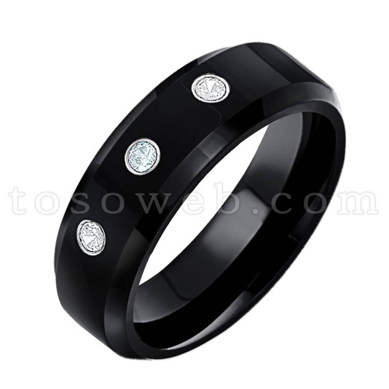 Damen März Birthstone Ring, Aquamarin & Diamant Ehering, Poliert Schwarz Ip Abgeschrägte Kante, Hartmetallring Ts0862 von TOSOWEB