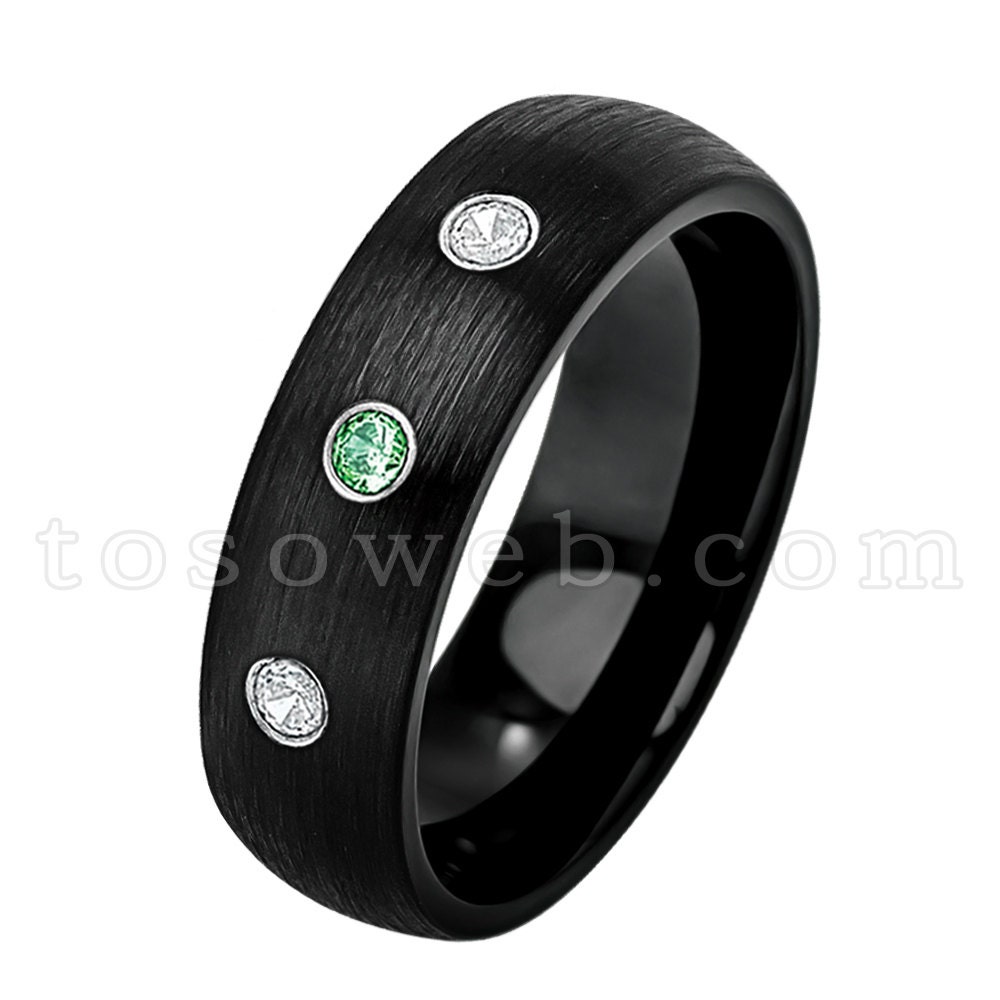 Damen Mai Birthstone Ring, Smaragd & Diamant Ehering, 6mm Schwarz Ion Plated Brushed Finish Hartmetall Ring Ts2332 von TOSOWEB