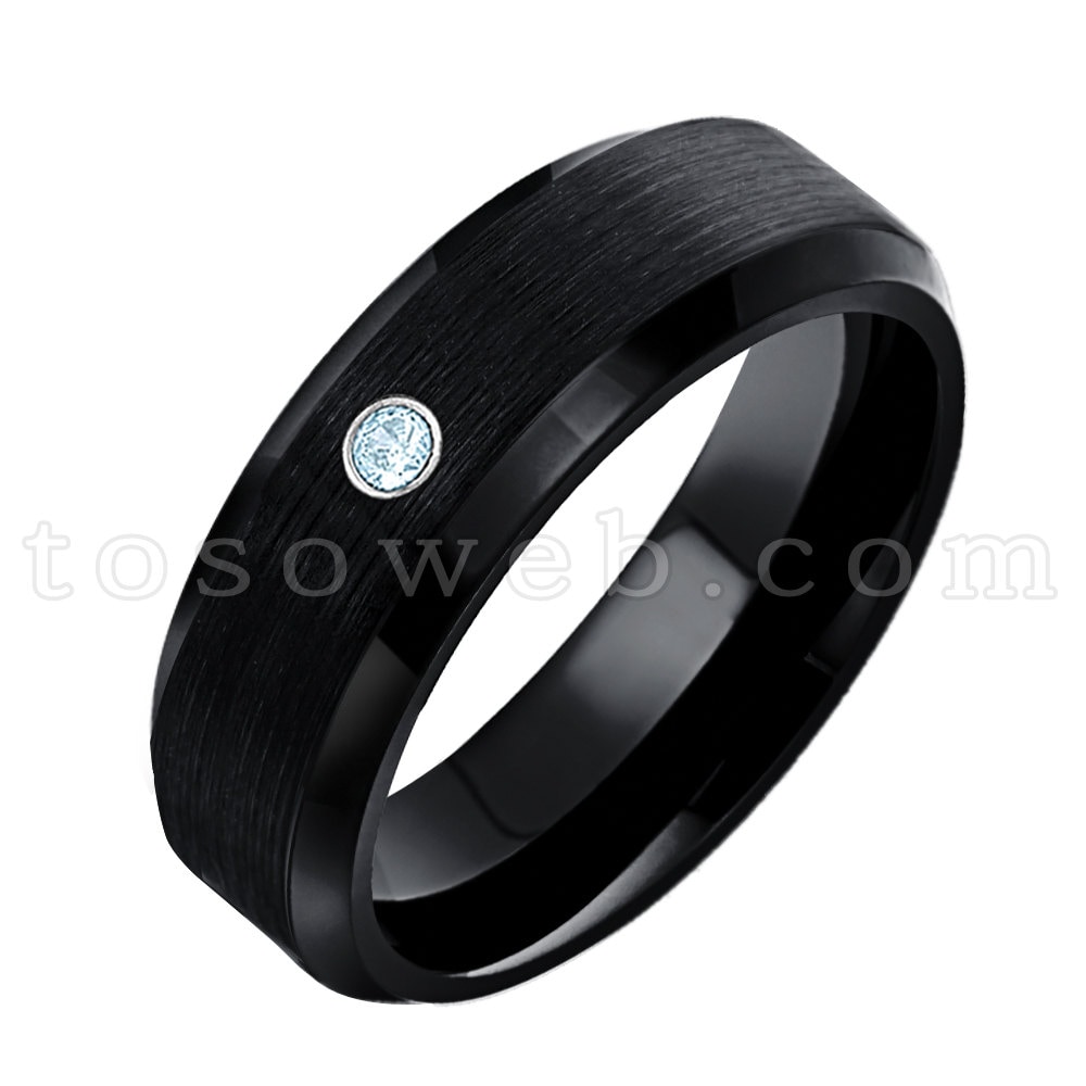 Damen November Birthstone Ring, Blautopas Solitär Ehering, 6mm Schwarz Ion Plated Brushed Center, Hartmetall Ring Ts1682 von TOSOWEB