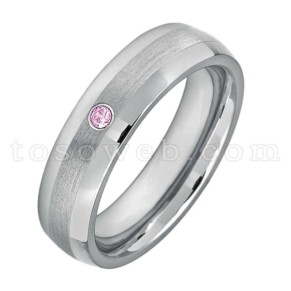 Damen Oktober Birthstone Ring, Rosa Turmalin Solitär Ehering, 6mm Gebürstet Mitte Rohr Schnittkante, Hartmetall Ring Ts0062 von TOSOWEB