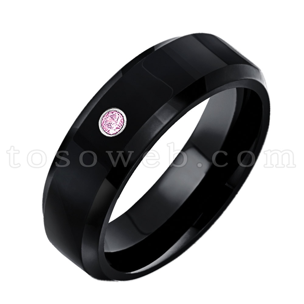 Damen Oktober Birthstone Ring, Rosa Turmalin Solitär Ehering, Schwarz Ionenplattiert Abgeschrägte Kante, Hartmetall Ring Ts0862 von TOSOWEB