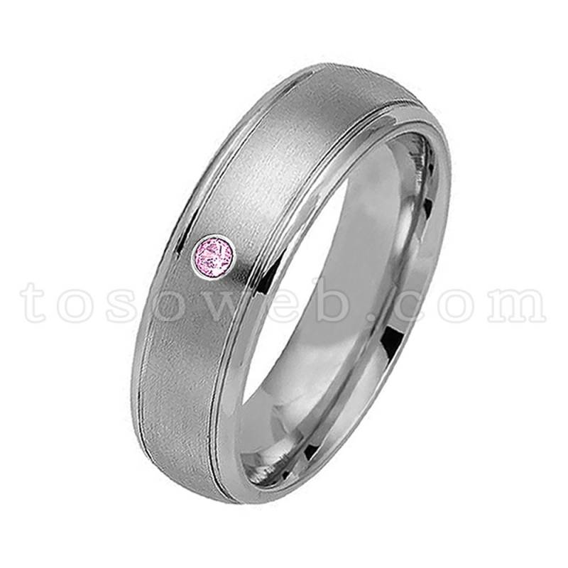 Damen Oktober Geburtsstein Ring, Pink Turmalin Solitär Ehering, Wolframcarbid Ring Gebürstet | 6mm Ts0392 von TOSOWEB