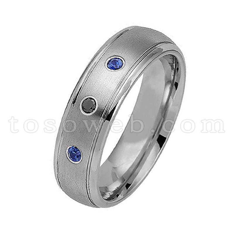 Damen Schwarzer Diamant & Blauer Saphir Ehering, 6mm Gebürstet Center Polish Ridge Edge Wolfram Carbide Ring Ts0392 von TOSOWEB
