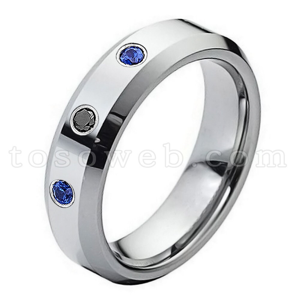Damen Schwarzer Diamant & Blauer Saphir Ehering, 6mm Hochglanzpoliert Abgeschrägte Kante, Wolframkarbid Jubiläumsring Ts0482 von TOSOWEB