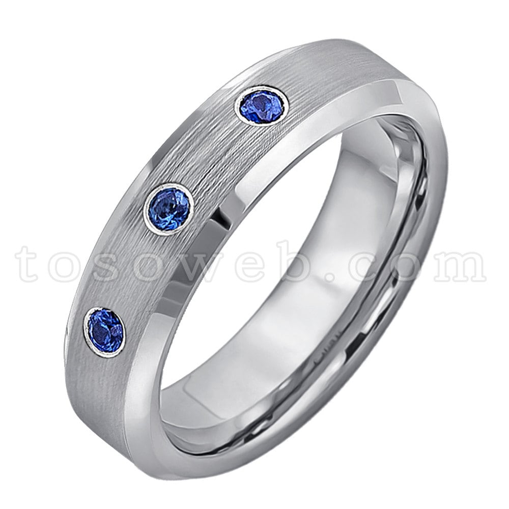 Damen September Birthstone Ring, Blauer Saphir Ehering, 6mm Gebürstet Mitte Abgeschrägte Kante, Hartmetall Ring Ts0382 von TOSOWEB