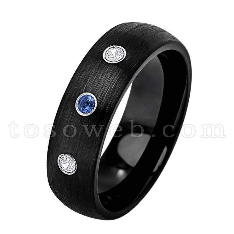 Damen September Birthstone Ring, Blauer Saphir & Diamant Ehering, Schwarz Ip Gebürsteter Wolfram Carbide Ring Ts2332 von TOSOWEB