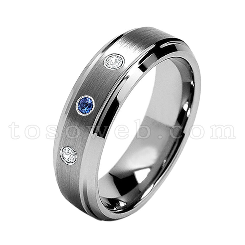 Damen September Geburtsstein, Blauer Saphir & Diamant Ehering, 7mm Gebürstete Mitte Abgeschrägte Kante, Hartmetallring Ts0682 von TOSOWEB