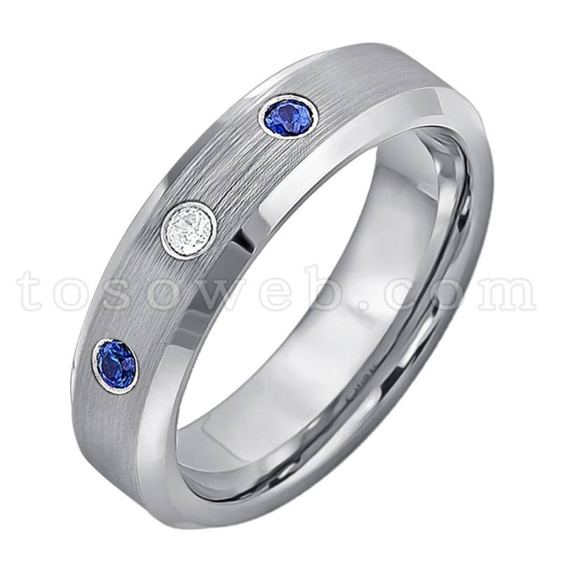 Damen Weißer Diamant & Blauer Saphir Ehering, 6mm Gebürstete Mitte Abgeschrägte Kante, Hartmetall-Jubiläumsring Ts0382 von TOSOWEB