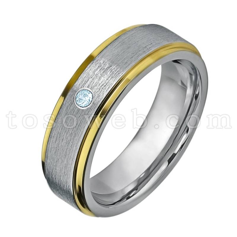 Damenring Blauer Topas Trauring, November Geburtsstein Ring, 6mm 2-Ton Gebürstet Center Stepped Edge, Hartmetallring Ts3302 von TOSOWEB