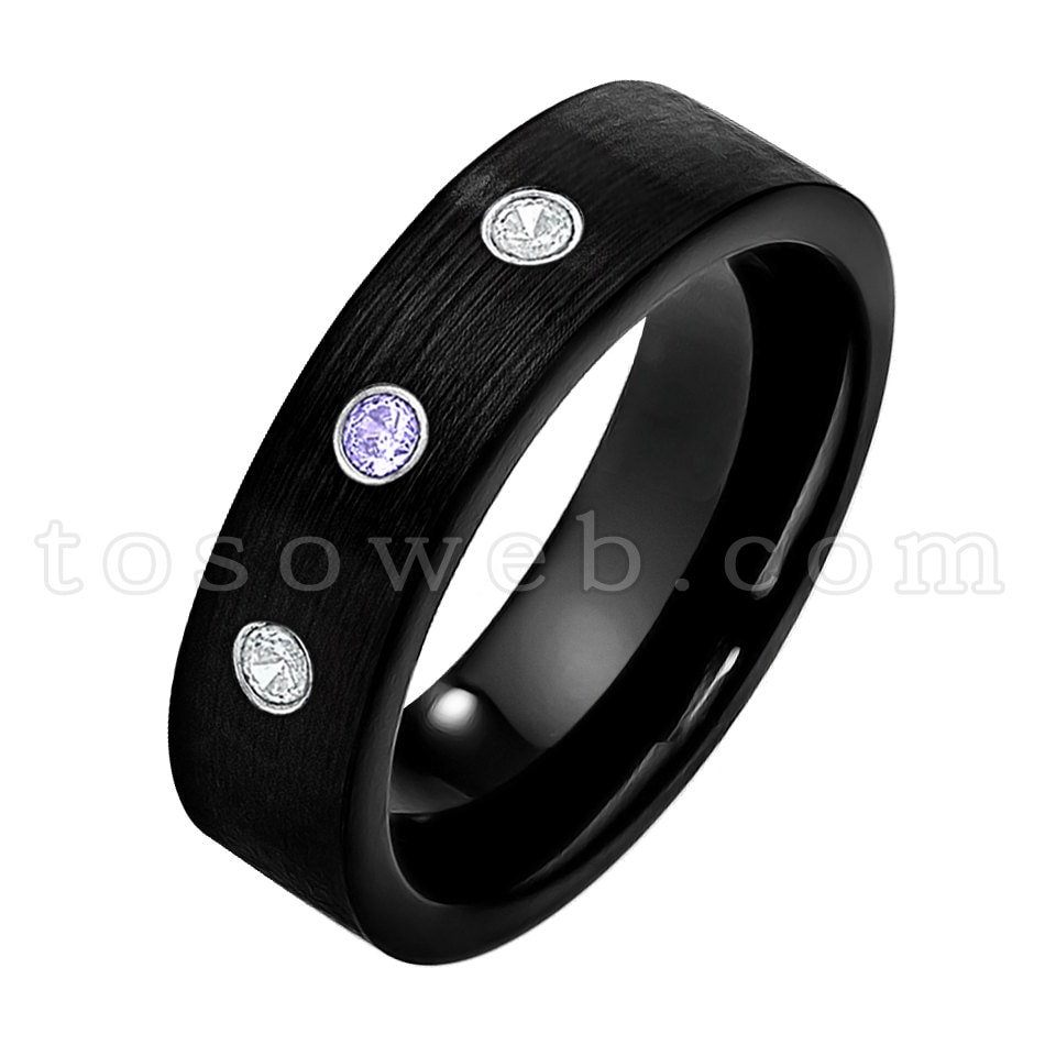 Damenring Dezember Geburtsstein, Tansanit & Diamant, Ehering Schwarz Gebürstet, Hartmetallring Ts2322 von TOSOWEB